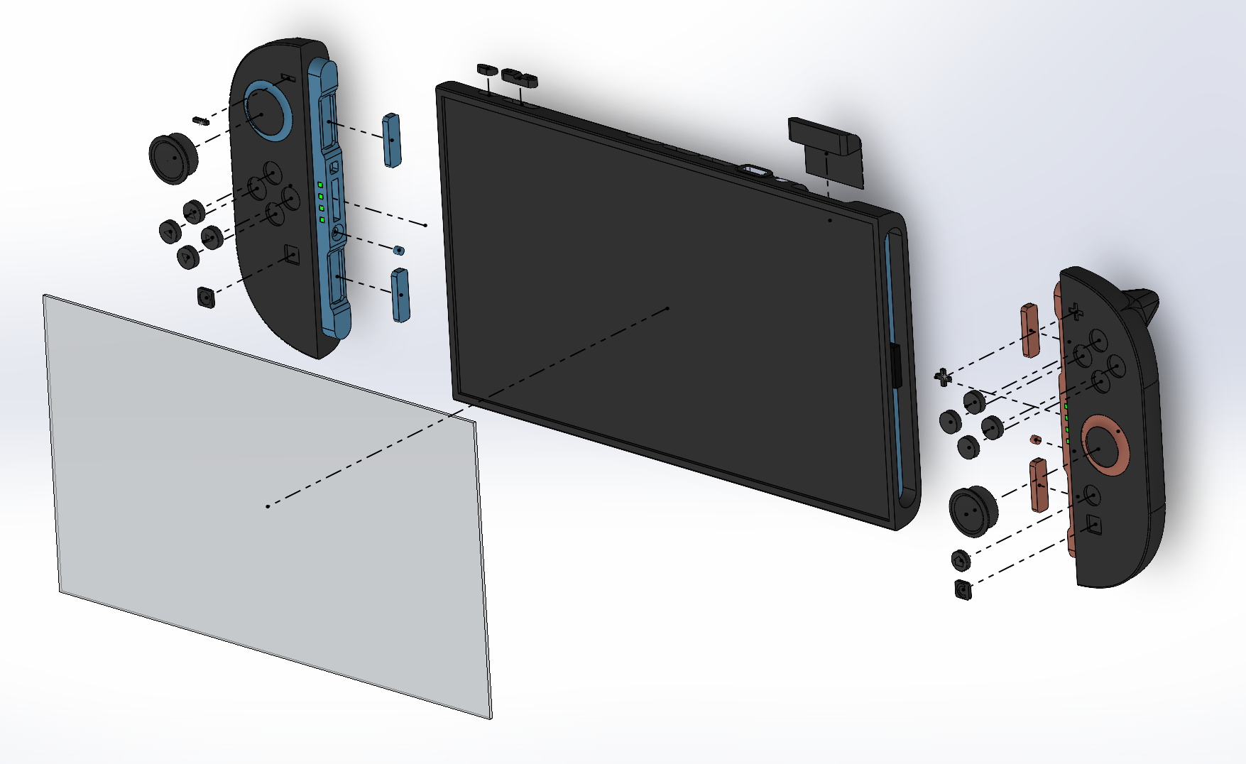 Exploded SolidWorks render of the Nintendo Switch 2 CAD model